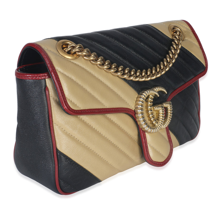 Gucci Black Beige Matelasse Calfskin Torchon Small Marmont Shoulder Bag Leather Handbag