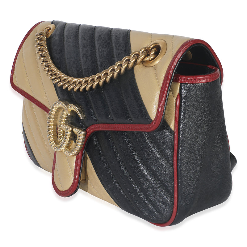 Gucci Black Beige Matelasse Calfskin Torchon Small Marmont Shoulder Bag Leather Handbag