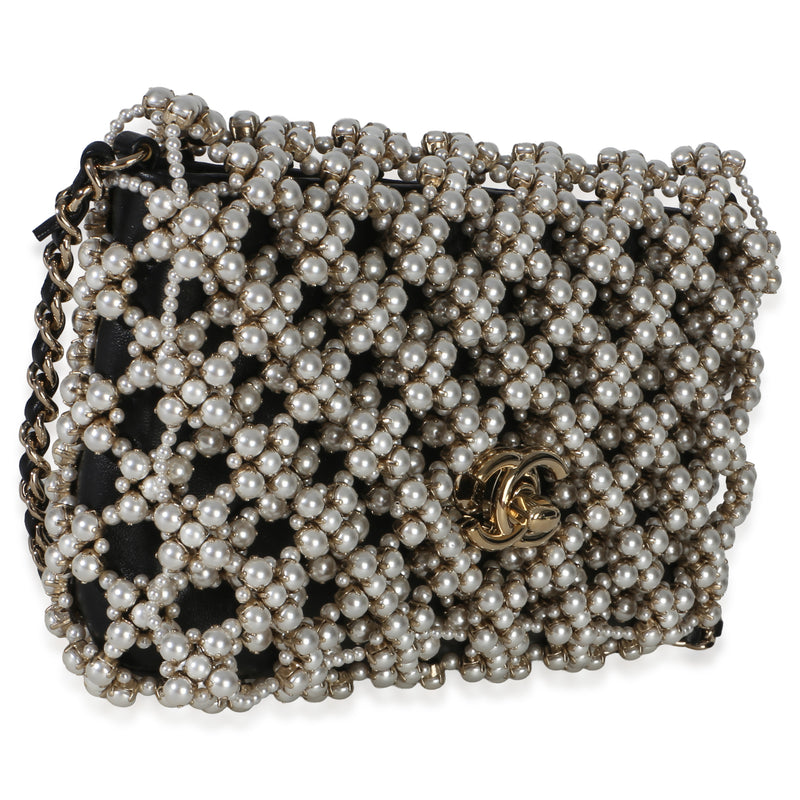 Chanel Black Gold Metal Pearl Embellished Mini Flap Bag Handbag