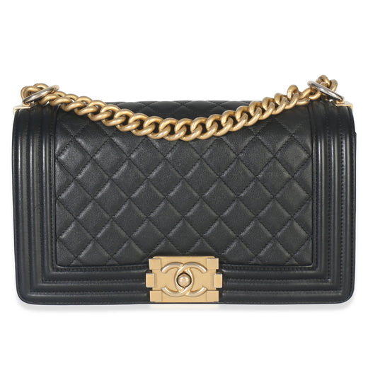 Chanel Black Quilted Lambskin Old Medium Boy Bag Leather Handbag
