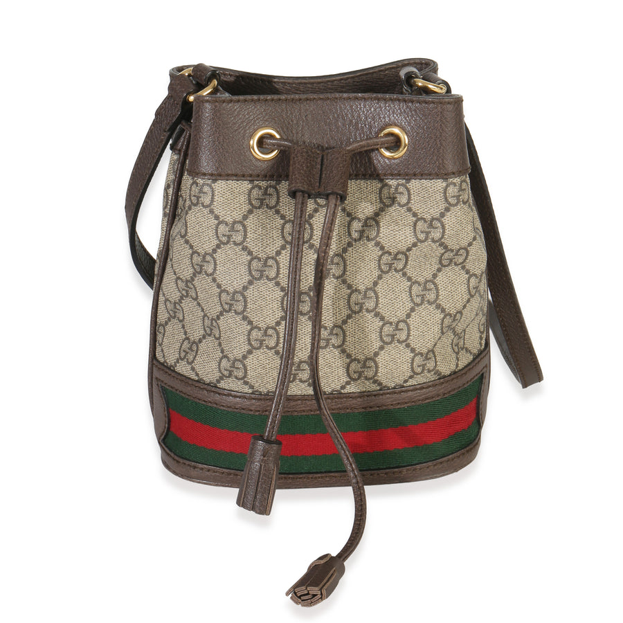 Gucci Beige Gg Supreme Canvas Ophidia Mini Bucket Bag Beige; Brown Coated Canvas; Leather Handbag