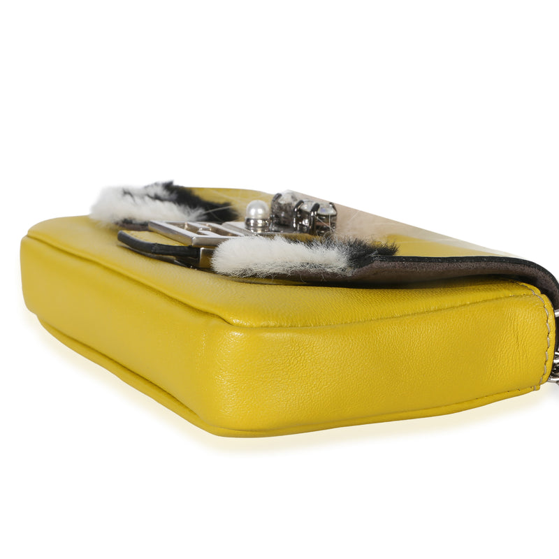 Fendi Yellow Leather Fox Fur Buggie Micro Baguette Handbag