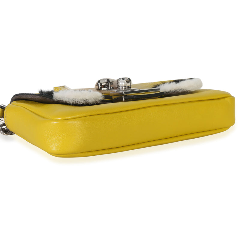 Fendi Yellow Leather Fox Fur Buggie Micro Baguette Handbag