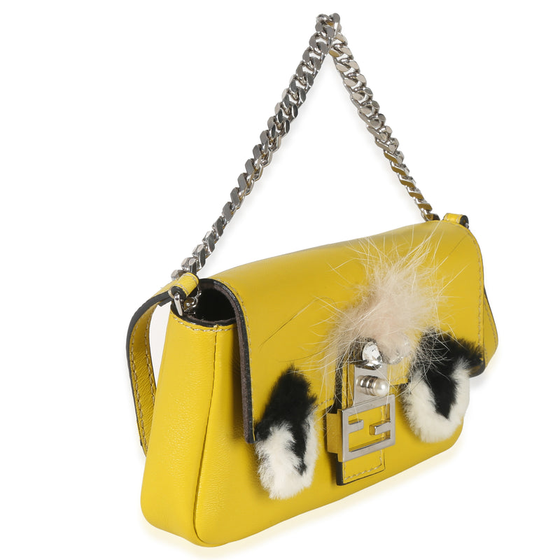 Fendi Yellow Leather Fox Fur Buggie Micro Baguette Handbag