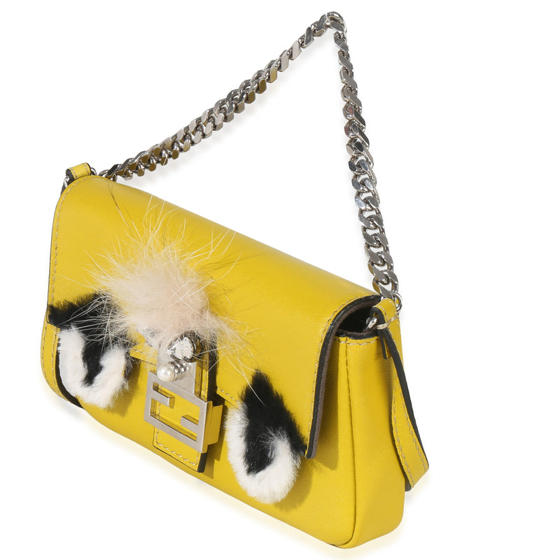 Fendi Yellow Leather Fox Fur Buggie Micro Baguette Handbag