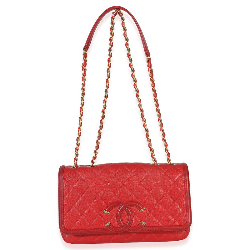 Chanel Red Quilted Caviar Medium Filigree Flap Handbag Leather