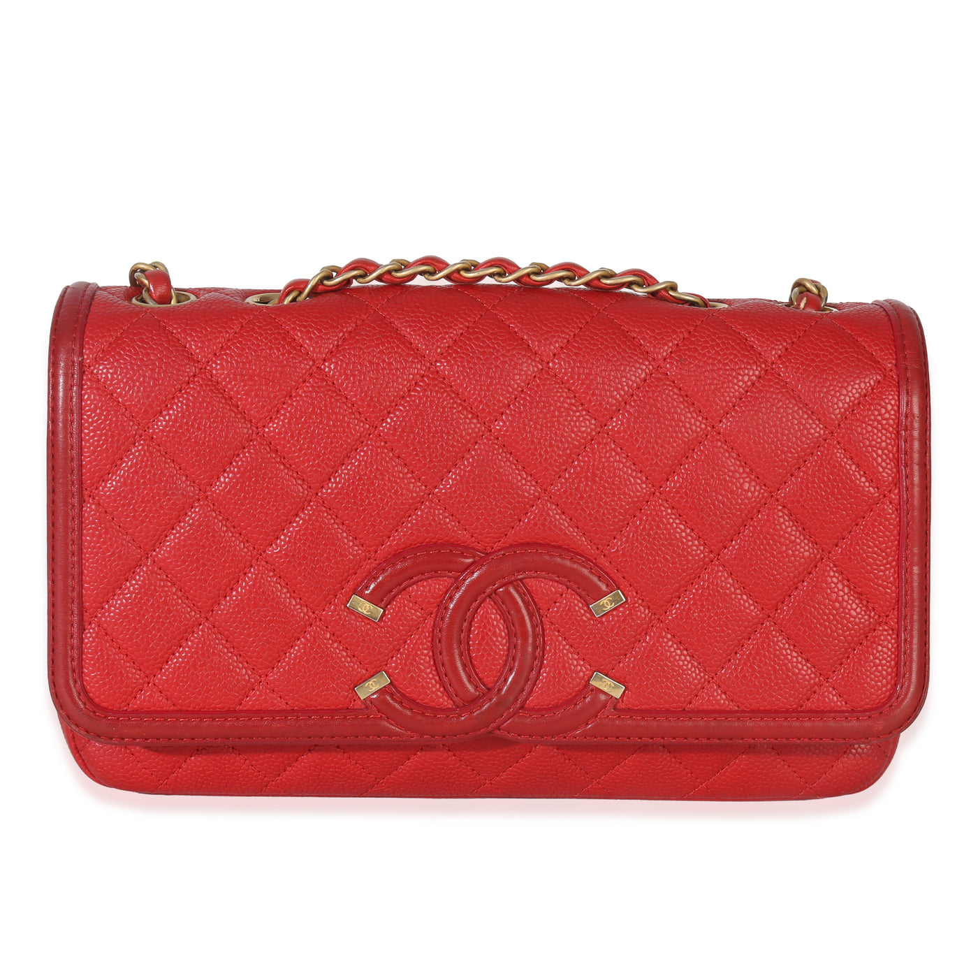 Chanel Red Quilted Caviar Medium Filigree Flap Handbag Leather