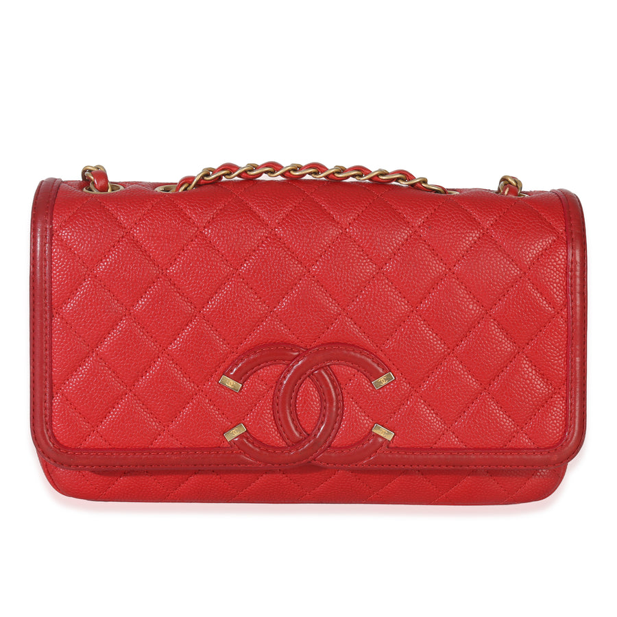 Chanel Red Quilted Caviar Medium Filigree Flap Handbag Leather