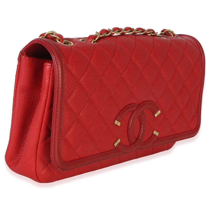 Chanel Red Quilted Caviar Medium Filigree Flap Handbag Leather