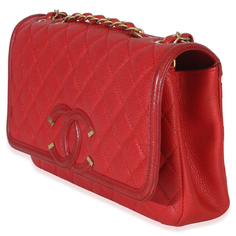 Chanel Red Quilted Caviar Medium Filigree Flap Handbag Leather