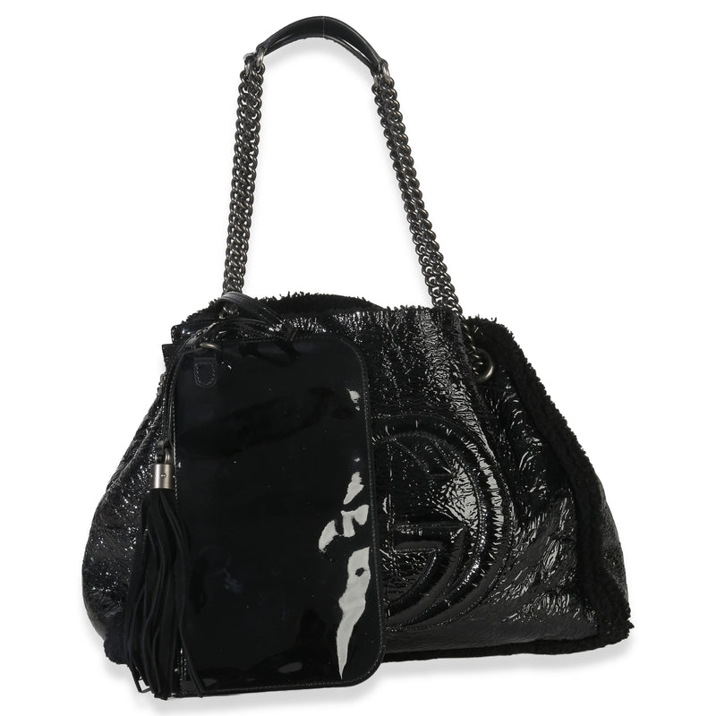 Gucci Black Patent Shearling Medium Soho Hobo Leather Handbag
