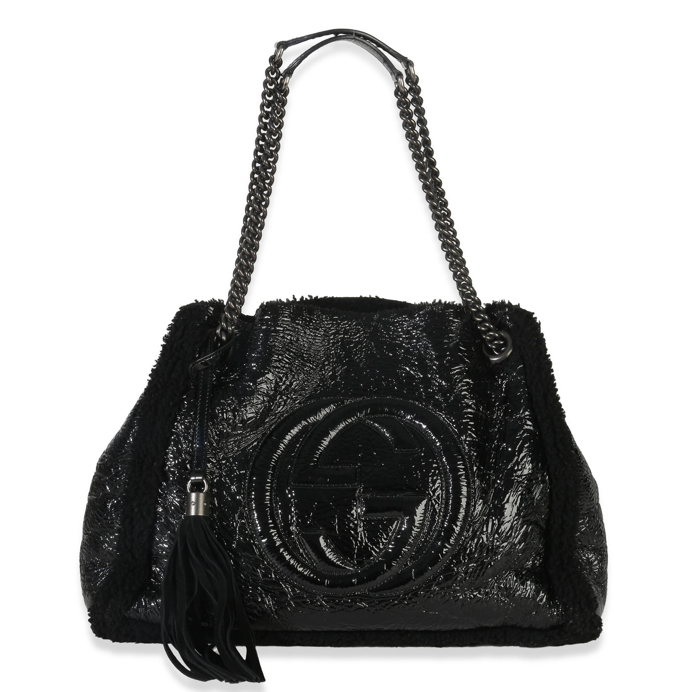 Gucci Black Patent Shearling Medium Soho Hobo Leather Handbag