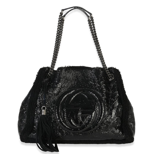 Gucci Black Patent Shearling Medium Soho Hobo Leather Handbag