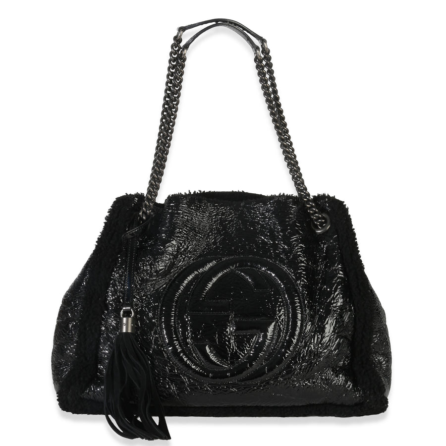Gucci Black Patent Shearling Medium Soho Hobo Leather Handbag