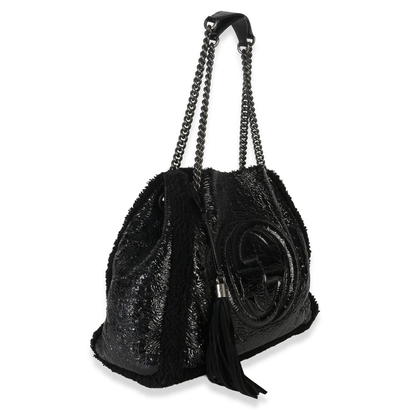 Gucci Black Patent Shearling Medium Soho Hobo Leather Handbag