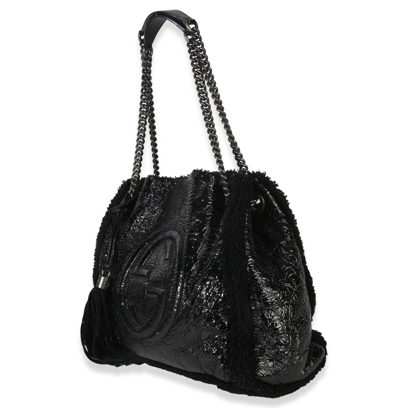 Gucci Black Patent Shearling Medium Soho Hobo Leather Handbag