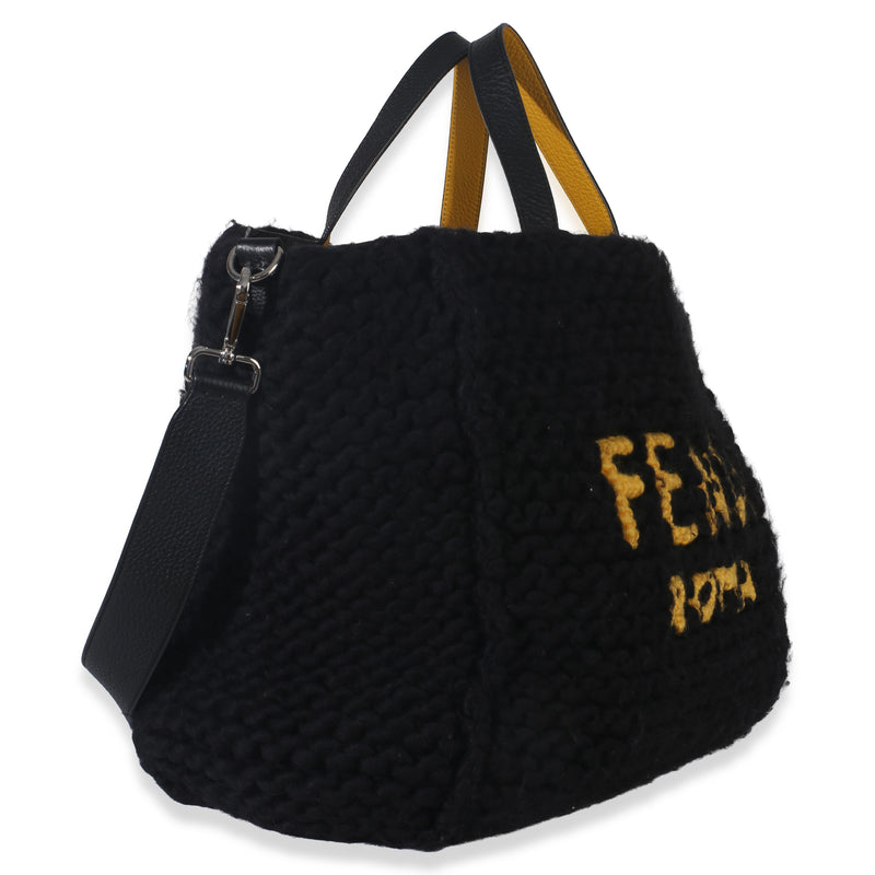 Fendi Yellow Black Wool Logo Tote Fabric Handbag