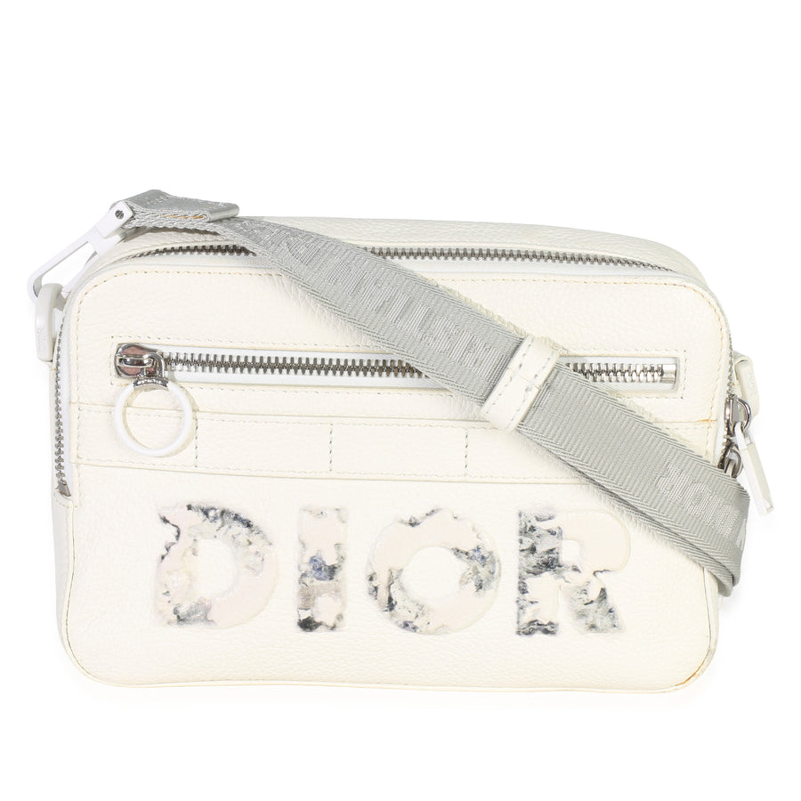 Christian Dior X Daniel Arsham White Grained Calfskin Safari Messenger Leather Handbag