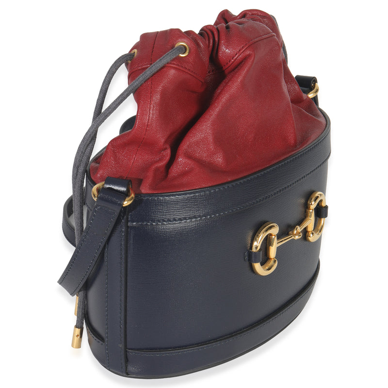 Gucci Red Navy Calfskin Horsebit 1955 Drawstring Bucket Bag Blue; Leather Handbag