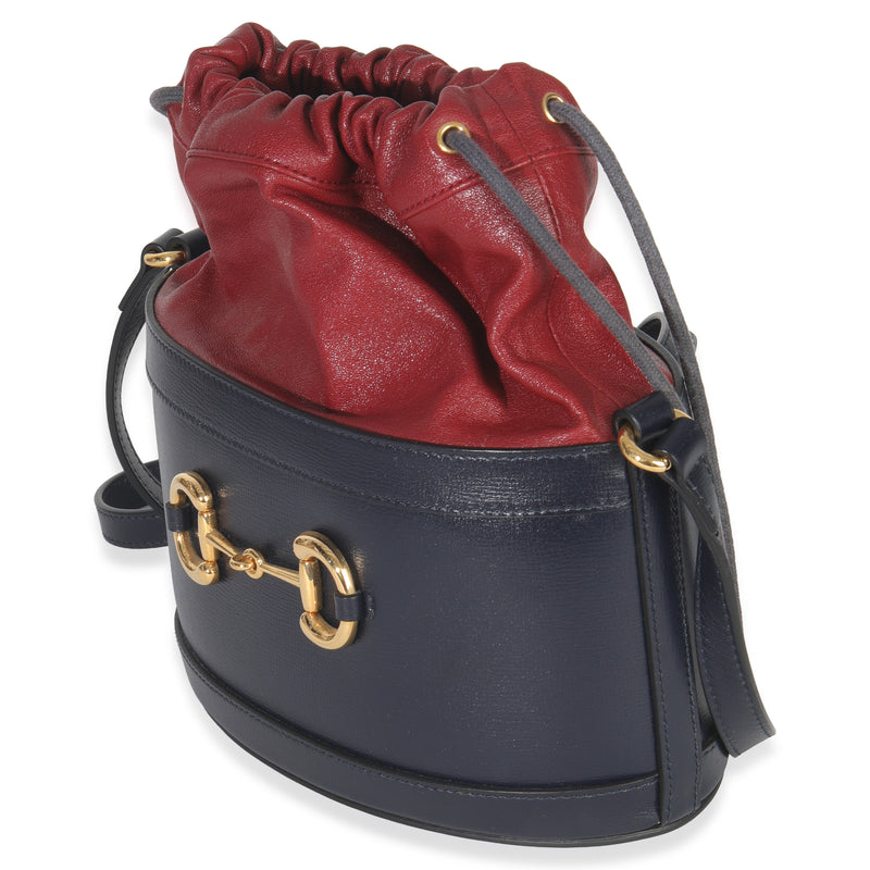 Gucci Red Navy Calfskin Horsebit 1955 Drawstring Bucket Bag Blue; Leather Handbag