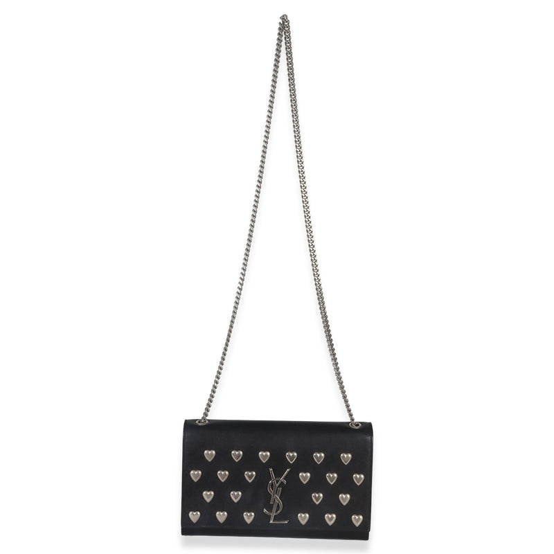 Saint Laurent Black Smooth Calfskin Studded Heart Medium Kate Chain Bag Leather Handbag