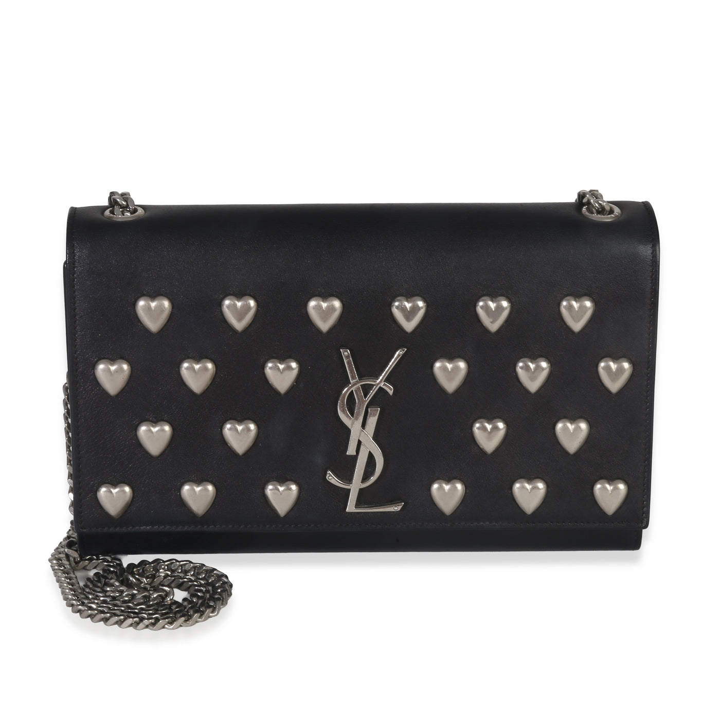 Saint Laurent Black Smooth Calfskin Studded Heart Medium Kate Chain Bag Leather Handbag