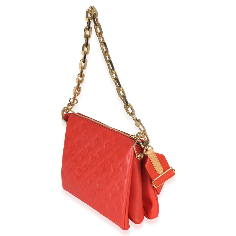 Louis Vuitton Red Monogram Embossed Lambskin Coussin Pm Orange Leather Handbag