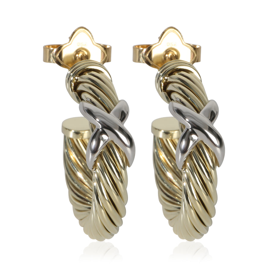 David Yurman White Gold & Yellow Cable X Hoop Earrings 14k