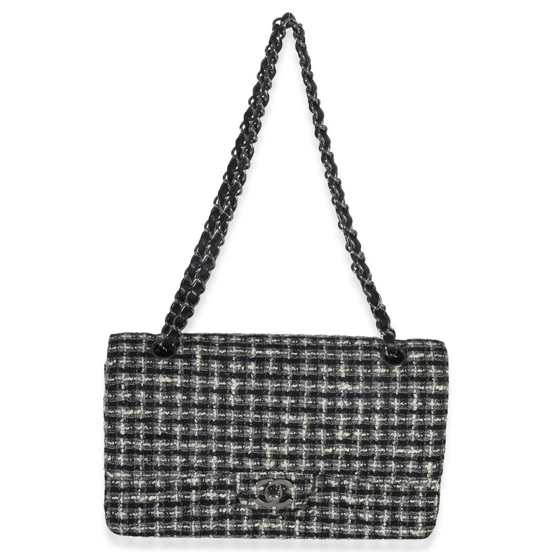 Chanel Black White Tweed Quilted Medium Classic Double Flap Black; Gray; Fabric Handbag