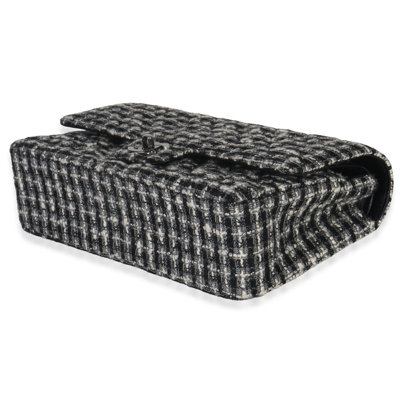 Chanel Black White Tweed Quilted Medium Classic Double Flap Black; Gray; Fabric Handbag