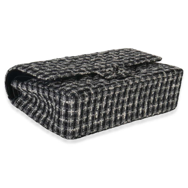 Chanel Black White Tweed Quilted Medium Classic Double Flap Black; Gray; Fabric Handbag