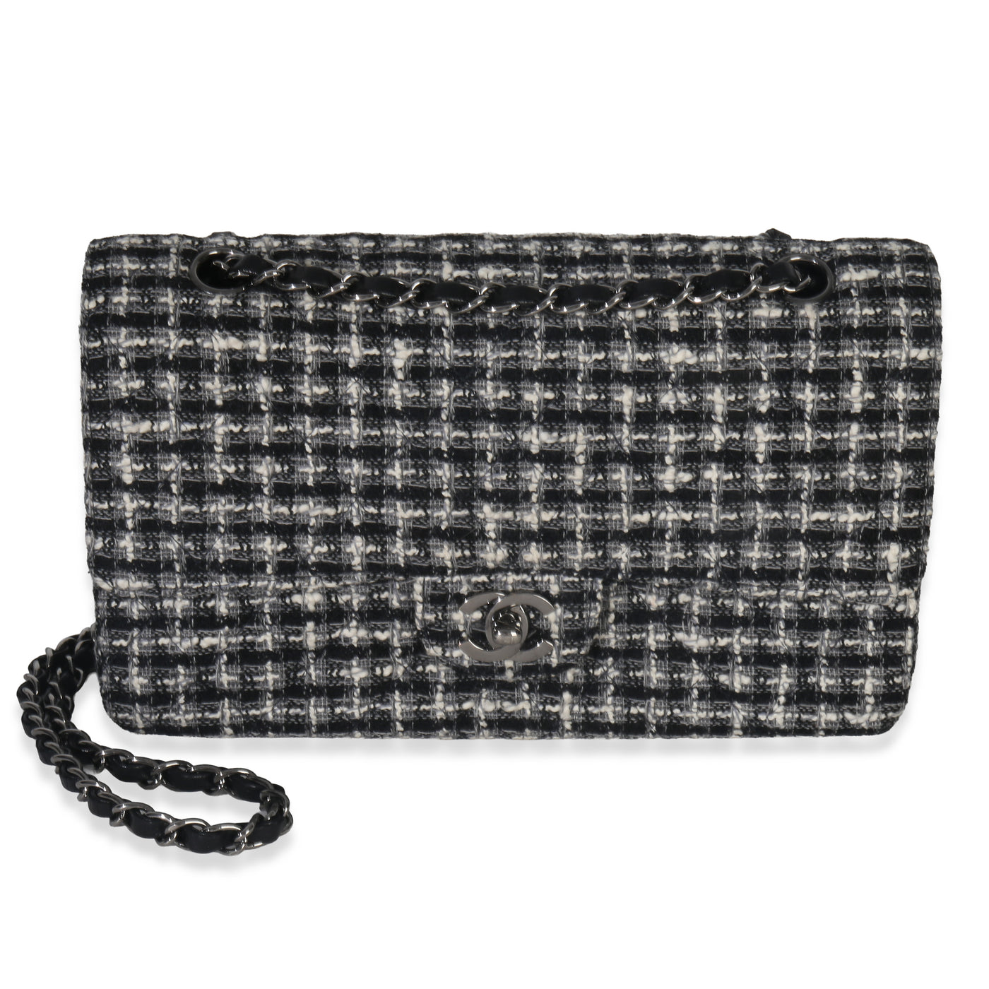 Chanel Black White Tweed Quilted Medium Classic Double Flap Black; Gray; Fabric Handbag
