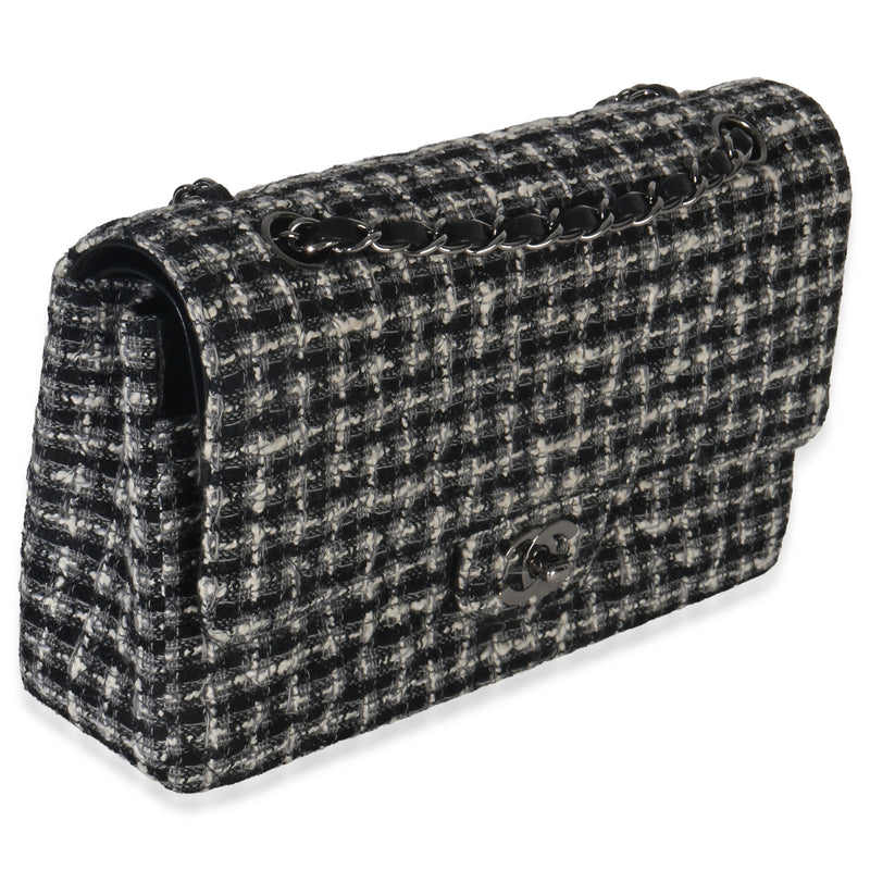Chanel Black White Tweed Quilted Medium Classic Double Flap Black; Gray; Fabric Handbag