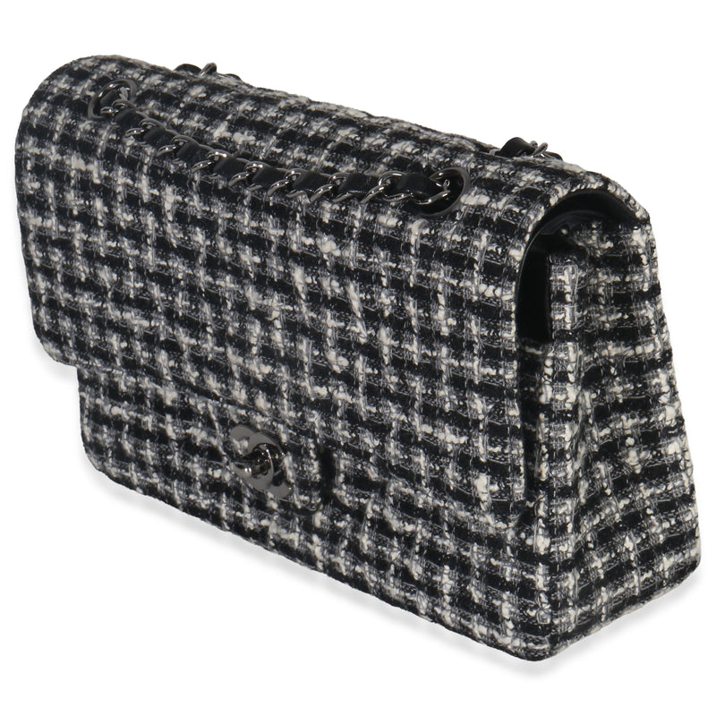 Chanel Black White Tweed Quilted Medium Classic Double Flap Black; Gray; Fabric Handbag