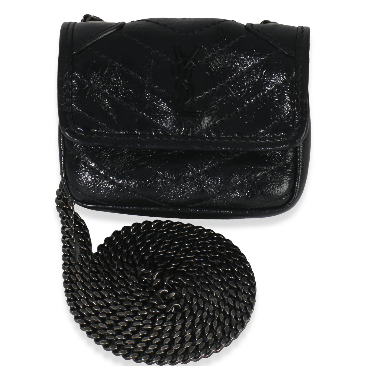 Saint Laurent Black Crinkled Calfskin Matelasse Micro Niki Airpods Case Leather Handbag