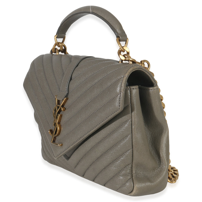 Saint Laurent Taupe Sheepskin Matelasse Chevron Monogram Medium College Bag Gray Leather Handbag