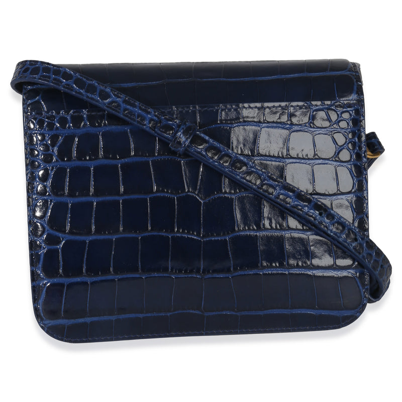 Balenciaga B. Navy Croc Small Shoulder Bag Blue Exotic Handbag