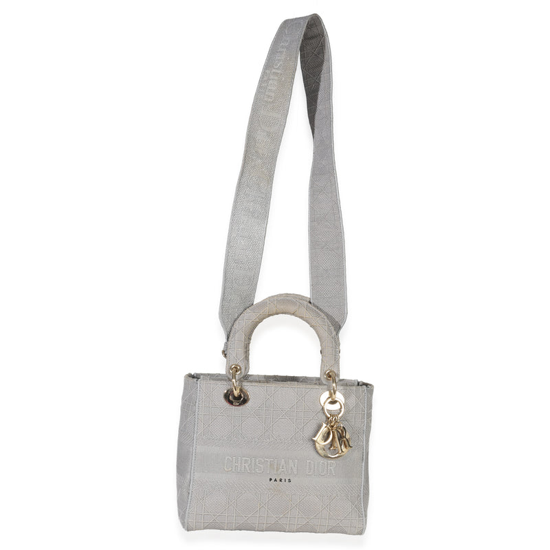 Christian Dior Gray Canvas Cannage Embroidered Medium Lady D-Lite Bag Fabric Handbag