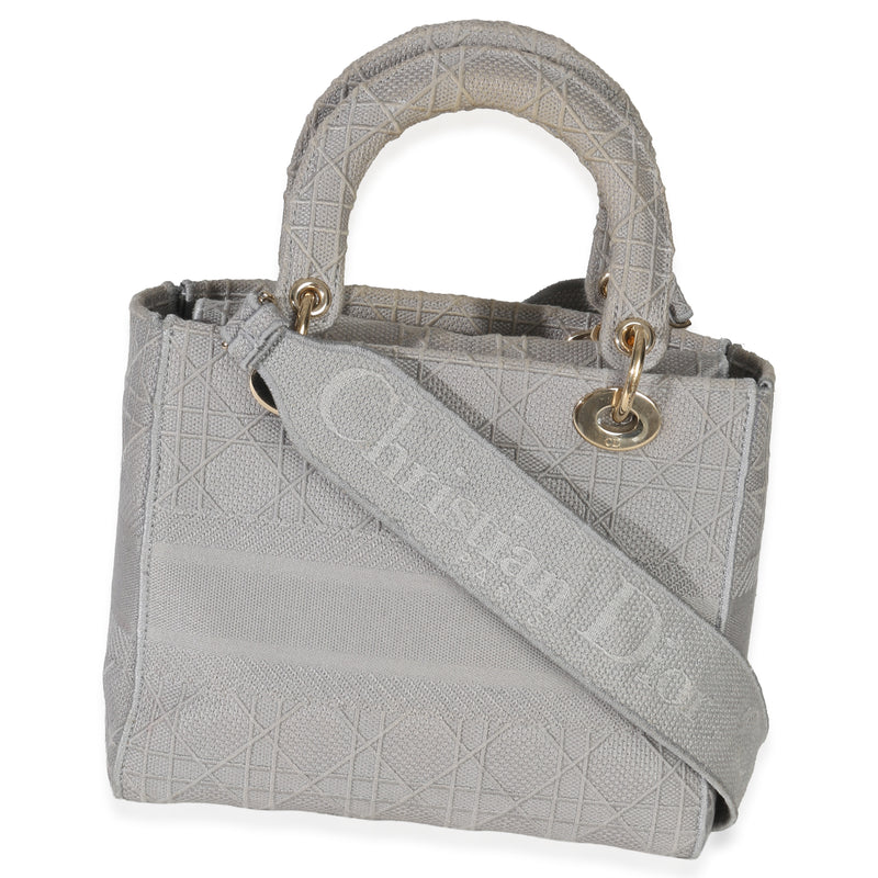 Christian Dior Gray Canvas Cannage Embroidered Medium Lady D-Lite Bag Fabric Handbag