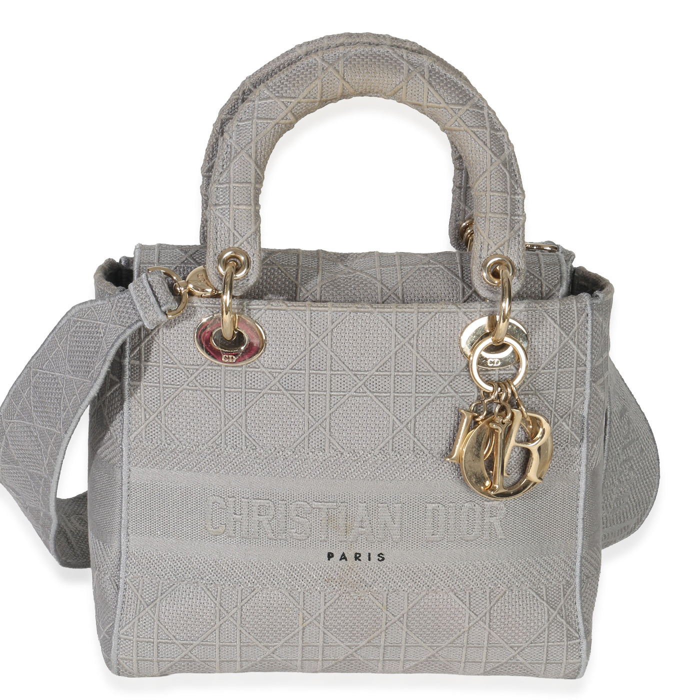 Christian Dior Gray Canvas Cannage Embroidered Medium Lady D-Lite Bag Fabric Handbag
