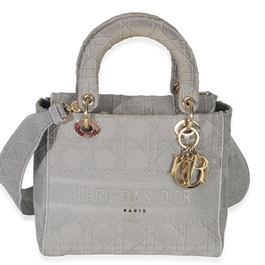 Christian Dior Gray Canvas Cannage Embroidered Medium Lady D-Lite Bag Fabric Handbag