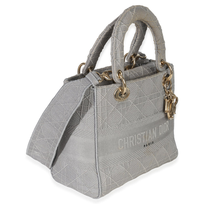 Christian Dior Gray Canvas Cannage Embroidered Medium Lady D-Lite Bag Fabric Handbag