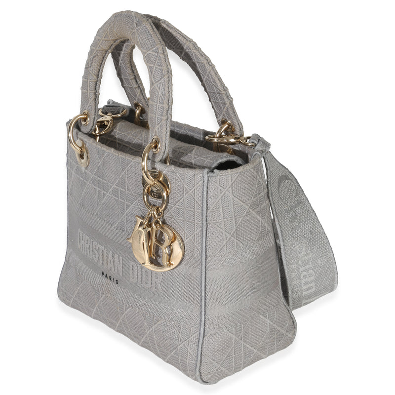 Christian Dior Gray Canvas Cannage Embroidered Medium Lady D-Lite Bag Fabric Handbag