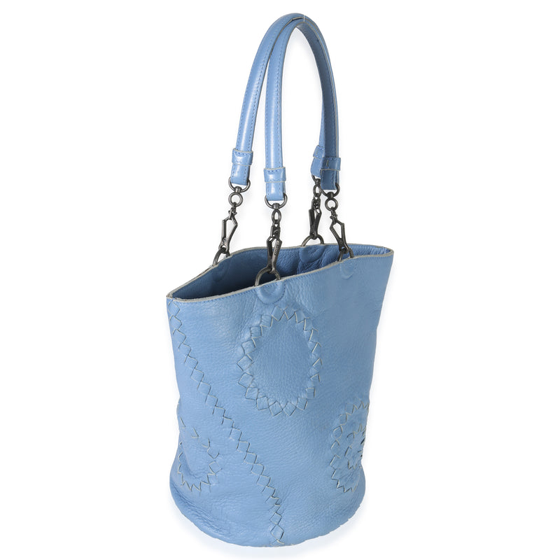 Bottega Veneta Blue Intrecciato Trimmed Cervo Small Bucket Bag Leather Handbag