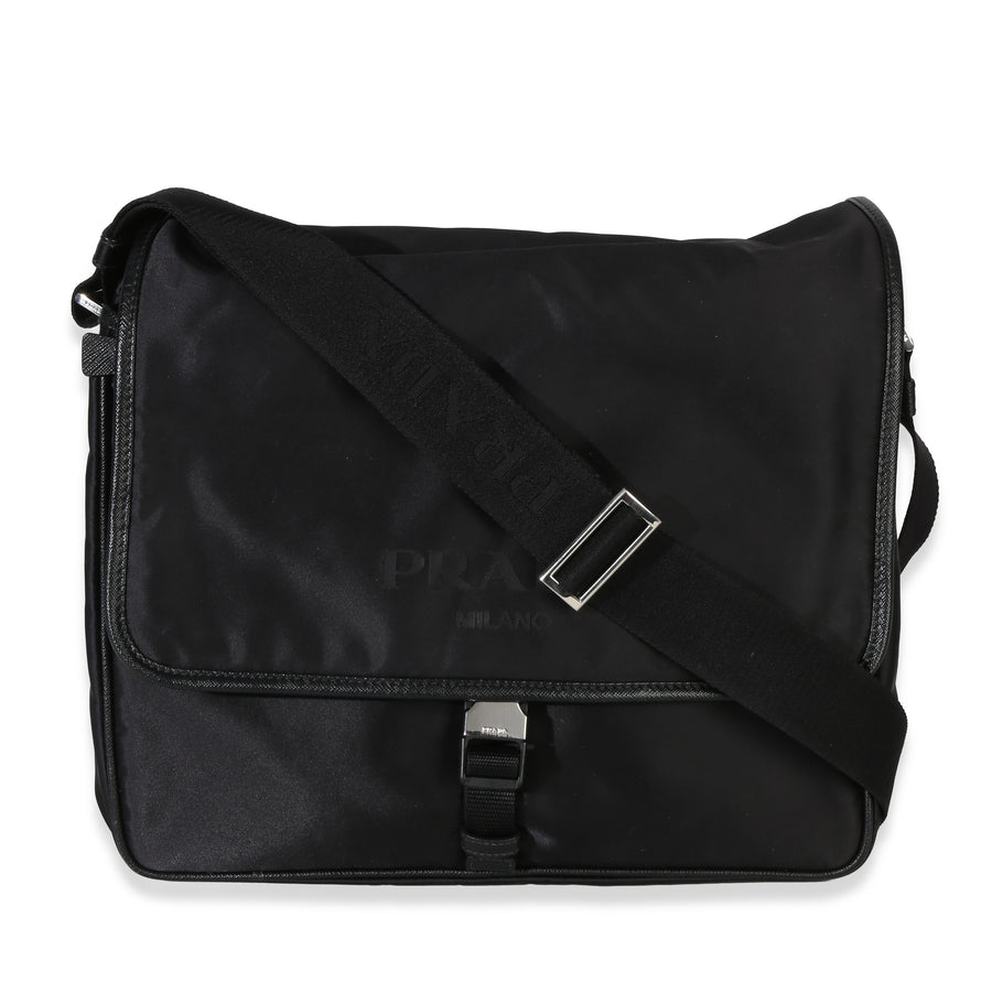 Prada Black Nylon Saffiano Logo Buckle Messenger Bag Handbag