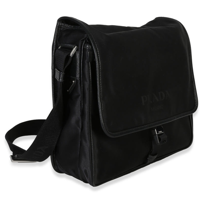 Prada Black Nylon Saffiano Logo Buckle Messenger Bag Handbag