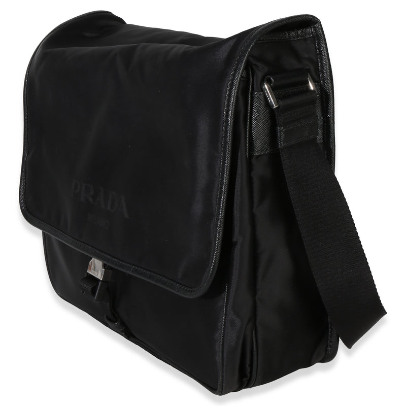 Prada Black Nylon Saffiano Logo Buckle Messenger Bag Handbag