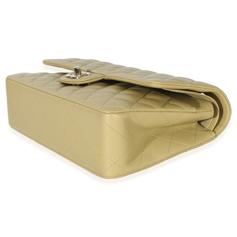 Chanel Olive Quilted Caviar Medium Classic Double Flap Handbag Green Leather