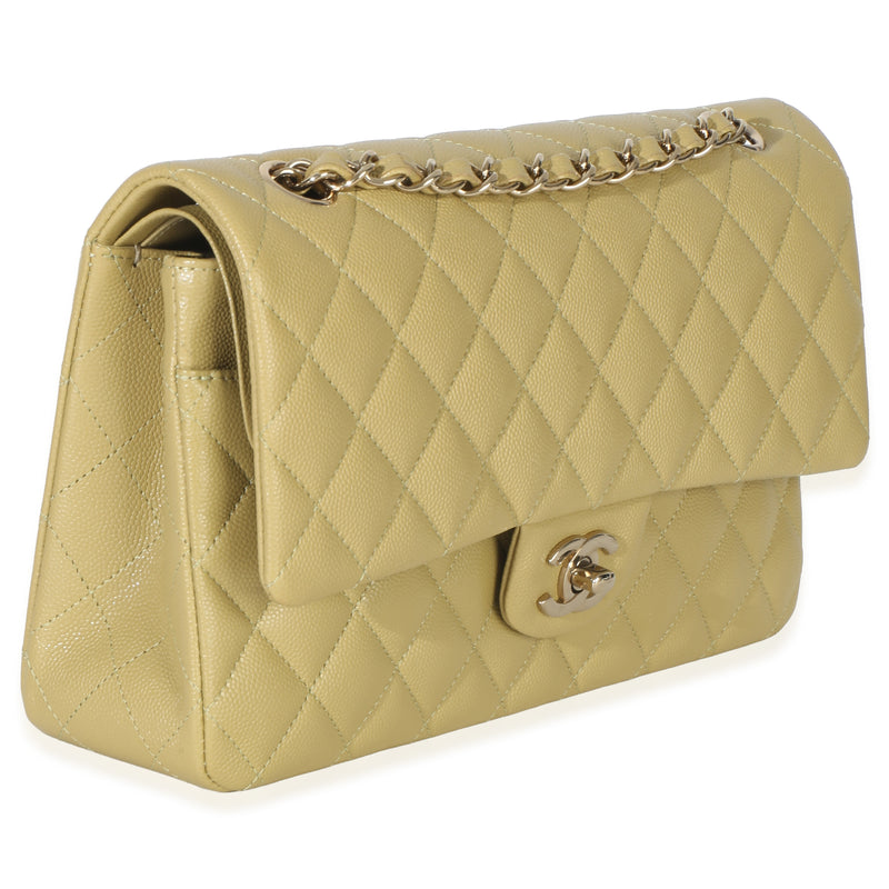 Chanel Olive Quilted Caviar Medium Classic Double Flap Handbag Green Leather