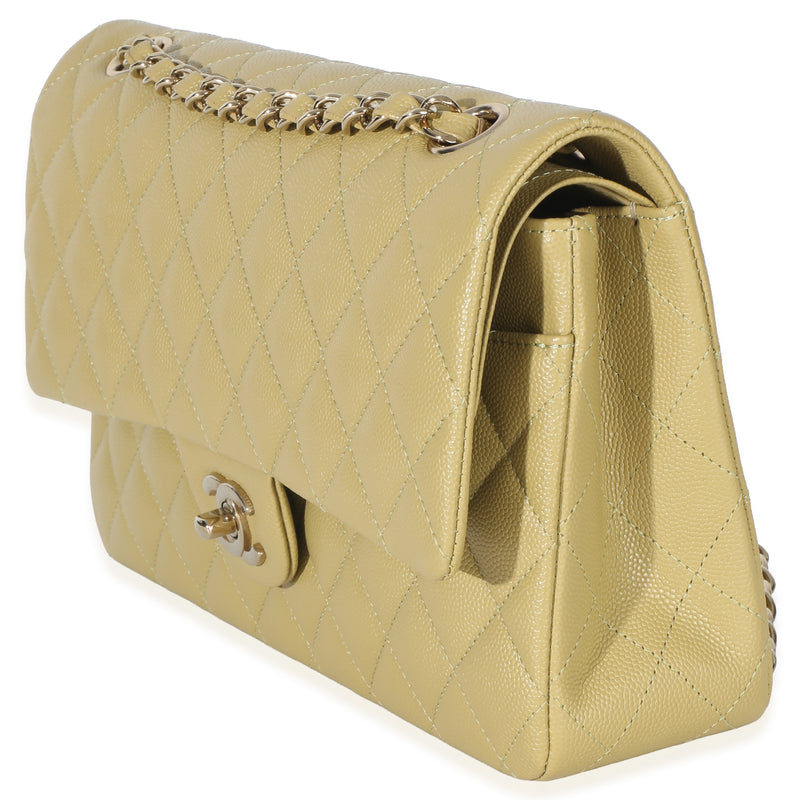 Chanel Olive Quilted Caviar Medium Classic Double Flap Handbag Green Leather